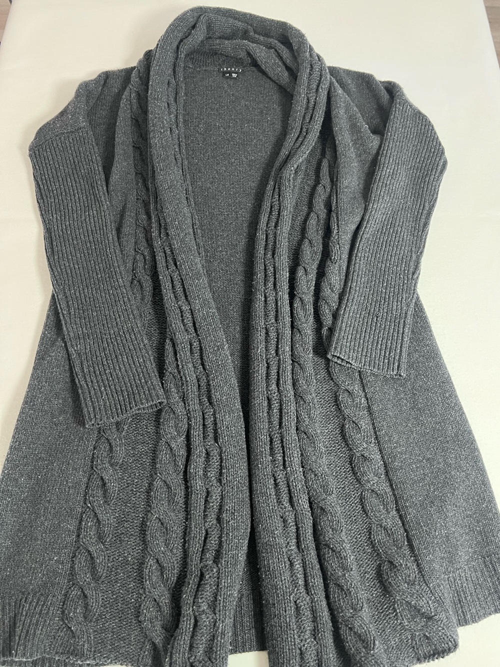 Theory Cashmere Wool Cable Knit Cardigan Gray Open Front Sweater L